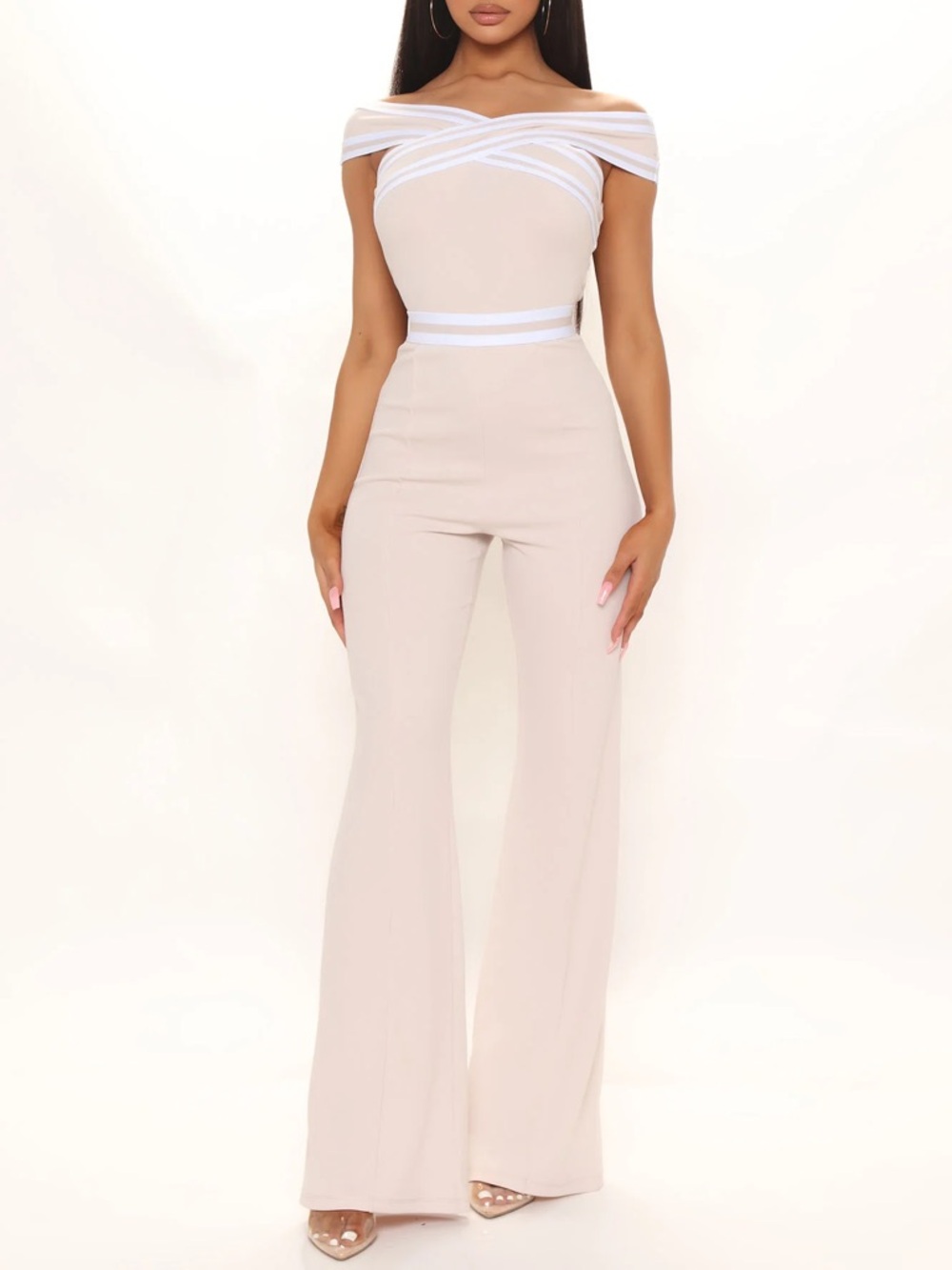 Off-Shoulder Blush Jumpsuit with White Trim